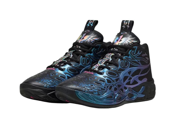 Pair of black high-top basketball sneakers with blue and purple graphic overlays and iridescent accents