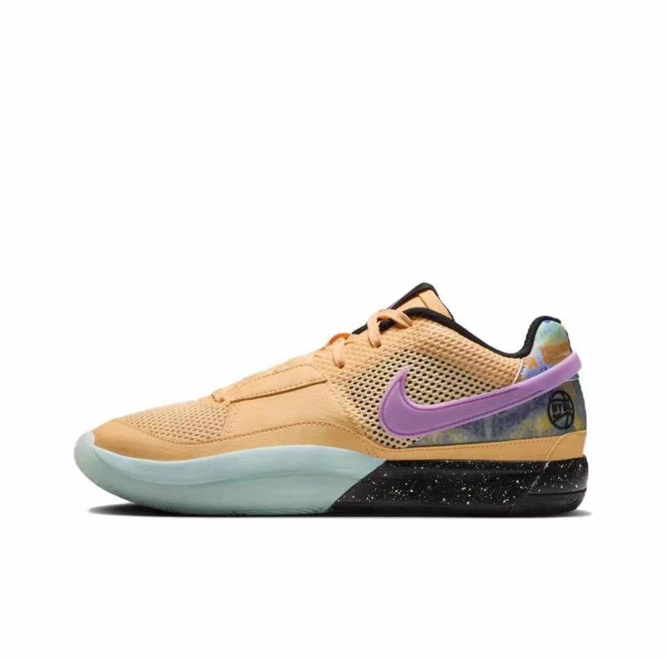 Tan and purple low-top basketball sneaker with a pale translucent outsole and multicolor heel detail.