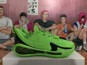 Side profile of a green basketball sneaker with black accents, a textured upper and a translucent outsole insert.