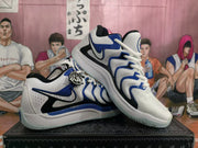Pair of white and blue Nike basketball shoes shown from the side on a box.