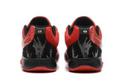 Rear view of the red and black basketball shoes with patterned heel panels