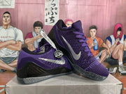 Side view of purple basketball sneakers showing silver swooshes, black overlays, and a translucent outsole.