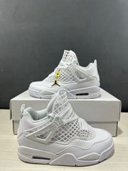 Close three-quarter view of white Jordan Air Jordan 4 Net sneakers showing the layered upper, grid-style lace cage, and side supports.