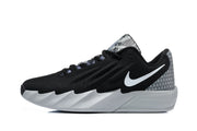 Side view of a black Nike Ja basketball shoe showing the white Swoosh and sculpted grey sole.