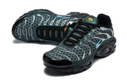 Pair of patterned green and silver Nike Air Max Plus sneakers shown from above and at an angle.