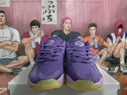 Front view of purple Jordan basketball sneakers showing tonal laces, padded tongues, and translucent yellow outsoles.