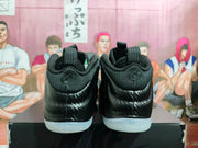 Rear view of black sneakers showing padded collars and translucent outsoles