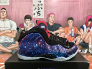 Side profile of a high-top sneaker with a purple-blue starry graphic upper, black trim, and translucent white sole.
