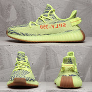 Composite product image showing side, front, and rear views of the lime green sneakers.