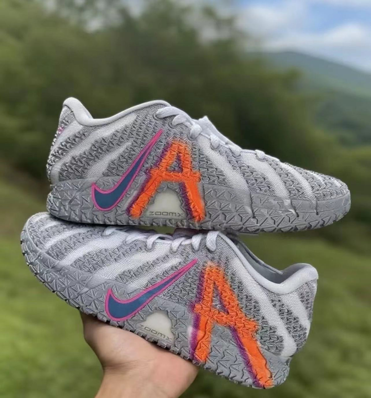 Pair of gray Nike sneakers with textured uppers, pink-edged dark blue Swooshes, orange and purple side details, and a scenic outdoor background.