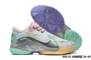 White, green, pink, and blue Nike LeBron 22 sneakers with a Monopoly-themed printed upper and style code FZ1098-100.