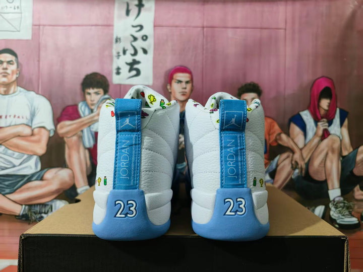 Rear view of white and blue high-top Jordan sneakers with number 23 heel details.