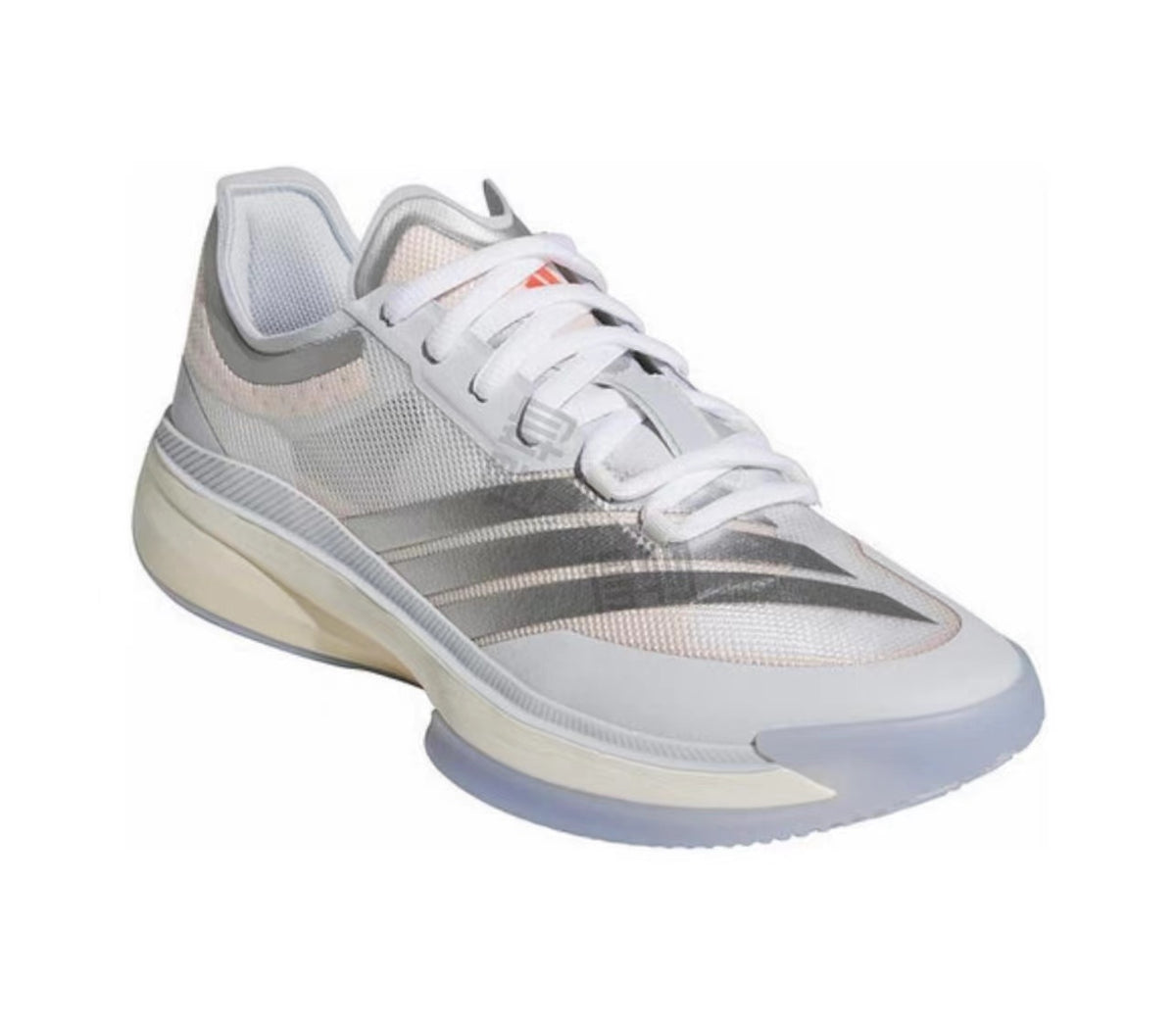 White Adidas low-top sneaker with silver-gray overlays, dark gray three stripes, pink tongue accent, and translucent blue-gray outsole.