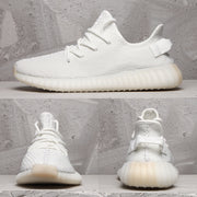 Collage showing side, front, and rear views of the white Yeezy 350 V2 sneaker.