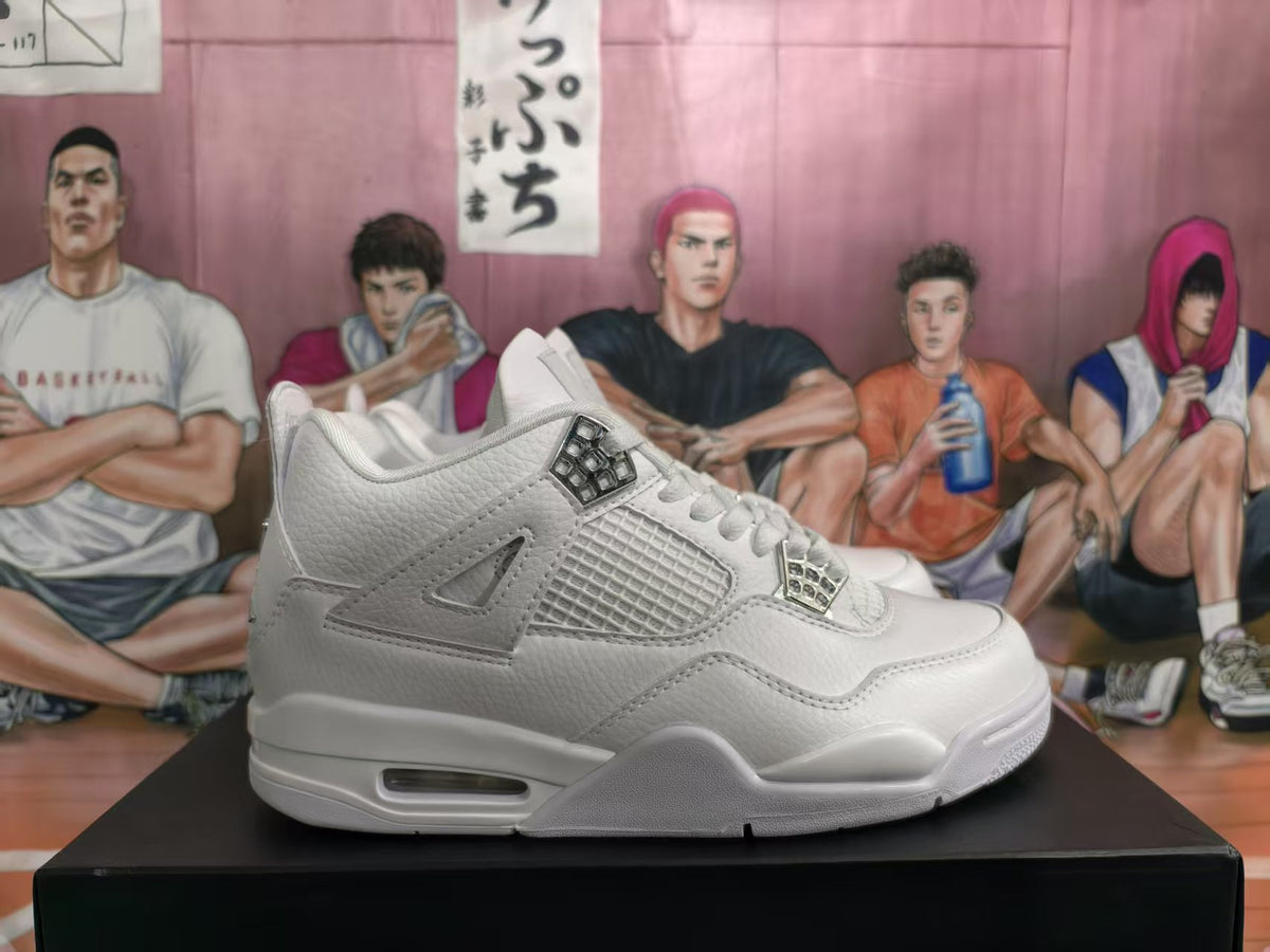 Side view of white and silver high-top sneakers with layered panels, mesh inserts, and a visible midsole window.