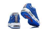 Rear and outsole views of blue and grey Nike Air Max 95 TT sneakers.