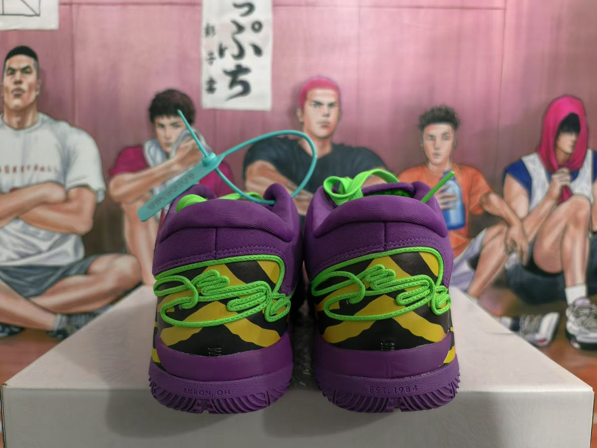 Rear view of purple Nike basketball sneakers with bright green laces, patterned heel panels, and a basketball-themed illustrated backdrop.