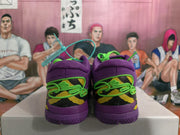 Rear view of purple Nike basketball sneakers with bright green laces, patterned heel panels, and a basketball-themed illustrated backdrop.