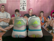 Rear view showing lime-green three-stripe logos, pastel heel panels, and blue sole trim