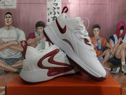Angled view showing the lateral Swoosh, perforated forefoot, lace-up design, and high-cut collar.