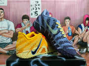 Yellow and blue Nike LeBron 12 basketball shoes displayed together, showing textured uppers and sculpted soles.
