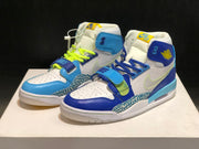 Pair of blue and white high-top sneakers displayed from a low front angle.