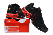 Black and red Nike Air Max Plus sneakers displayed on a Nike box; the box label shows EU 42, UK 7.5, and CM 26.5.