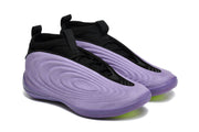 Angled side view of a pair of purple basketball shoes with black laces and collars.