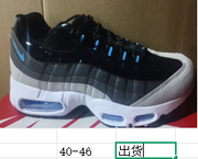 A black, grey and blue Nike Air Max 95 TT sneaker shown above a chart with the range 40–46.