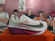 Side view of a white Nike running shoe with pink accents, dark Swoosh, and purple-toned sole