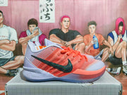 Side view of coral and lavender Nike basketball-style sneakers with a dark Swoosh and speckled midsole.