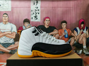 Side profile of a white, black, and yellow Jordan high-top sneaker.