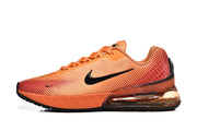 Side profile of an orange Nike sneaker with a black Swoosh and visible heel air unit.