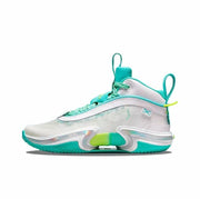 Side view of a white and turquoise Jordan Air Jordan 36 basketball sneaker with lime accents.