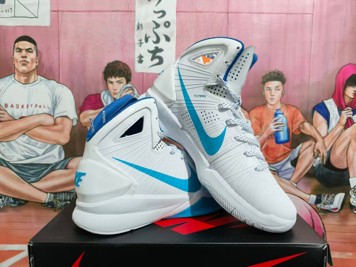 Pair of white and blue Nike Hyperdunk high-top basketball shoes displayed on a shoebox
