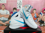 Pair of white and blue Nike Hyperdunk high-top basketball shoes displayed on a shoebox