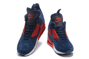 Front and tongue views of navy and red Nike Air Max 90 SneakerBoot high-tops