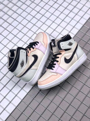 Pair of high-top sneakers displayed together, showing the pastel multicolor design and black laces.