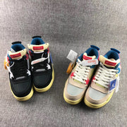 Two black pairs shown together, with blue lining, red accents, white mesh, and contrasting yellow-toned soles.