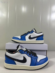 Pair of blue, white, and black low-top sneakers shown from the side.