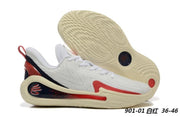 White and red Curry 12 901-01 basketball shoes with navy and red details.