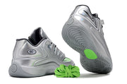 Silver Nike KD 18 sneakers showing the heel and outsole.