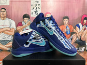 Pair of blue Nike basketball shoes shown at an angle