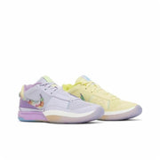 Lavender and pale yellow basketball sneakers shown together with multicolor accents.