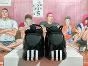 Rear view of black sneakers with contrasting white heel details.