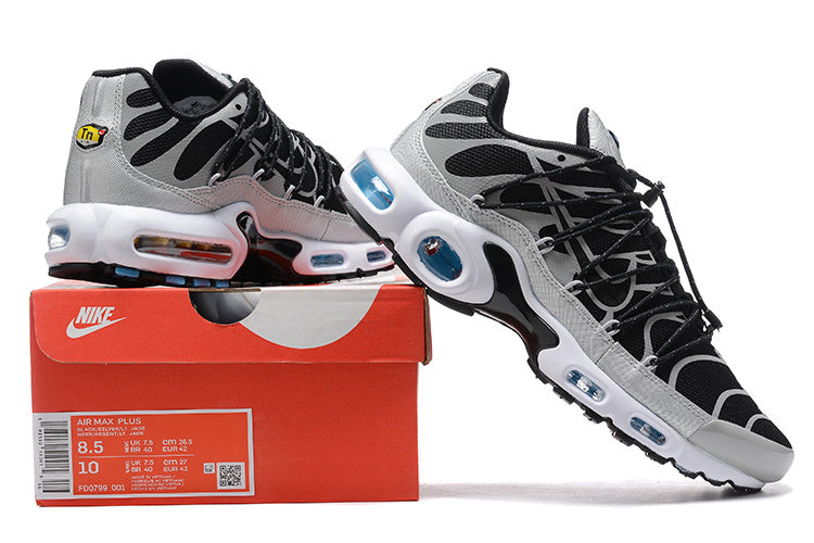 Nike Air Max Plus black and grey sneakers displayed with a box label showing Air Max Plus and style code FD0799-001