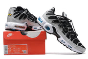 Nike Air Max Plus black and grey sneakers displayed with a box label showing Air Max Plus and style code FD0799-001