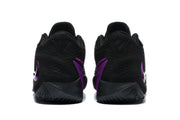 Rear view of black shoes with purple heel details