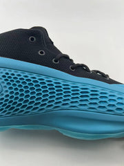 Detail of the black upper and blue textured sidewall
