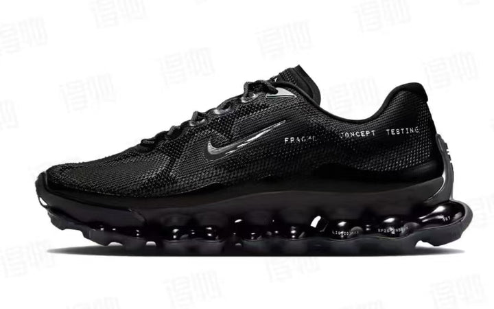 Black Nike Air Max Scorpion-style shoe with a mesh-patterned upper, metallic-look Swoosh, and sculpted sole